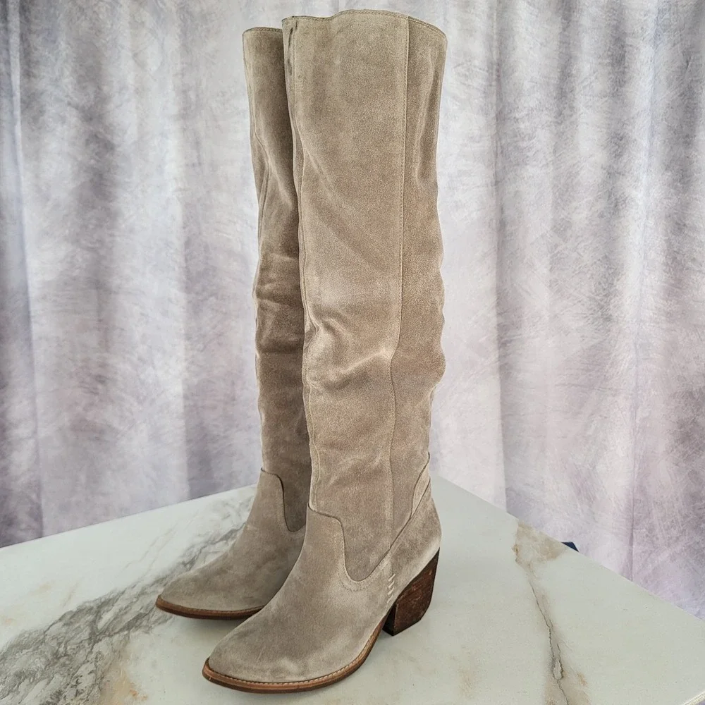 Jeffrey Campbell Size 7.5 Women's OAKMONT Taupe Distressed Suede Over Knee High